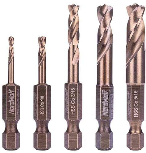 NordWolf 5-Piece M35 Cobalt Stubby Drill Bit Set for Stainless Steel & Hard Metals, with 1/4 Hex Shank for Quick Chucks & Impact Drivers, SAE Sizes 3/32-1/8-3/16-1/4-5/16 in Storage Box