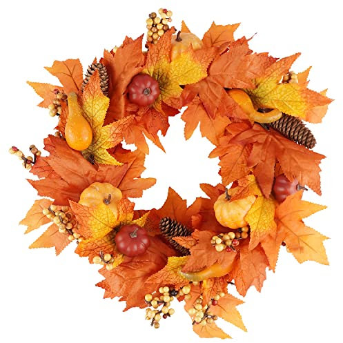 Ywlake 15 Inch Fall Wreath for Front Door Decoration, Autumn Wreath with Artificial Maple Leaf Harvest Pumpkins Pine Cone Wreath for Thanksgiving Indoor Fireplace Window Decor