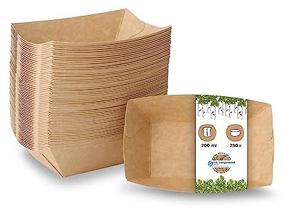 BIOZOYG Barquette en carton 200 ml I 9 x 13,2 x 3,6 cm vaisselle carton I Barquette à snacks fingerfood & fast-food I repas chaud & froid I biodégradable & sans plastique I bio I 250 pcs
