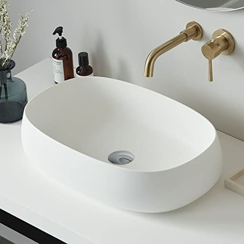 Cpingao Waschbecken-Set aus transparentem Steinharz mit Chrom-Ablaufgarnitur (mattweiß)