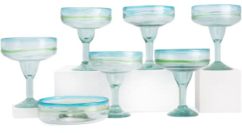 Hand Blown Margarita Glasses & Salt Rimmer – Set of 6 Beautiful Glasses With Aqua Rims – Handcrafted by Talented Artisans – Hold 10 Ounces Each -Thick & Sturdy – Easy to Hold – Each Glass is Unique