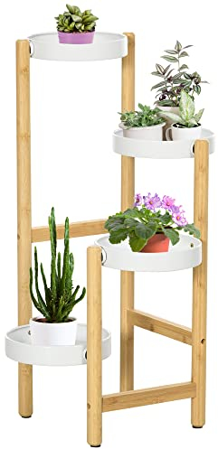 Outsunny Support pour plantes piédestal étagère à fleurs avec 4 niveaux étagères rondes en bambou et métal pour extérieur intérieur 28 x 28 x 80 cm blanc