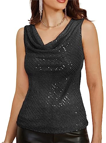 GRACE KARIN Femmes Haut à Paillettes Sans Manches Col Bénitier Soirée Fête Blouse Brillante Extensible Doublée