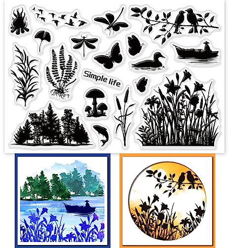 GLOBLELAND Feuchtgebiet Silhouette Transparente Silikonstempel Meerblick Seeblick Klare Stamps Vögel Schmetterlinge Silikonstempel Für Kartengestaltung DIY Prägung Journaling