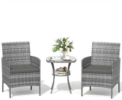 Amopatio Ensemble de meubles de jardin en rotin 3 pièces - Petit salon de jardin extérieur résistant aux intempéries - Table de bistrot avec 2 chaises - Meubles de terrasse pour terrasse, balcon, Gris