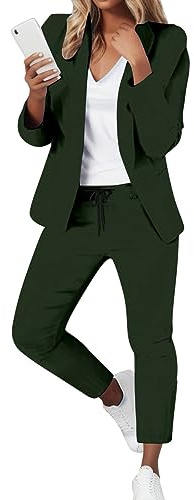 Tuta da donna elegante da lavoro, set da 2 pezzi, a quadri, a due pezzi, a maniche lunghe, pantaloni slim fit, per feste, sportivi, streetwear, 7-verde militare, XXL