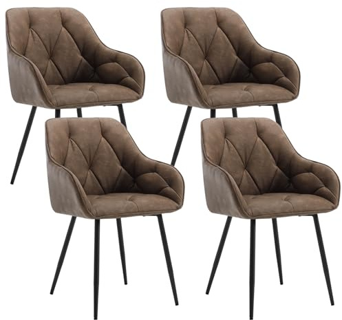 WOLTU Set of 4 Dining Chairs Kitchen Chairs Upholstered Living Room Chair with Backrest, Armrests, Metal Legs, Ergonomic Chair for Lounge, Office, Dressing Table, Faux Leather, Dark Brown