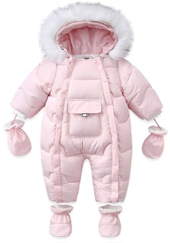 Acuryx Tuta da Neve per Bambino Inverno con Guanti e Scarpe Bimbo Pagliaccetto da Neve Invernale con Cappuccio Tutina Caldo Trapuntato con Cotone Rosa 6-9 Mesi
