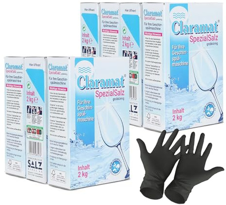 Claramat Spezial Salz 7 x 2 kg (14 kg) Spülmaschinensalz Regeneriersalz Wasserenthärteranlagen Geschirrspülmaschine inklusiv 1 Paar ARNOMED Einweghandschuh