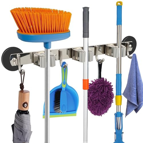 MUTUACTOR Magnetische Besenhalter, rutschfeste Heavy Duty Besen und Mop Aufhänger Metall Werkzeughalter 3-Racks und 4-Haken für Wäsche Garage Küche Werkstätten Organisation und Lagerung(1 Set)