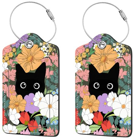 2 Pcs Luggage Tags for Suitcases, PU Leather Cruise Ship Luggage Tags with Privacy Cover Label Address Card and Durable Metal Ring Suitable for Men Women Handbags Backpacks,Flower Bushes and Cats