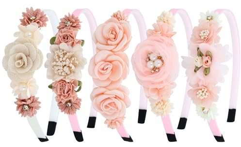 Dizila 5 Pieces Beige Pink Plastic Flower Headbands Floral Hair Bands Hoops Accessories for Baby Girls Toddlers Kids Teens