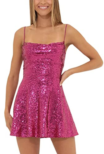 Caziffer Women Shiny Sequins Dress Summer Backless 50s Rockabilly Sleeveless A-Line Mini Party Dress for Cocktail Beach Streetwear Spaghetti Bodycon Mini Dress (Rose Red, S)