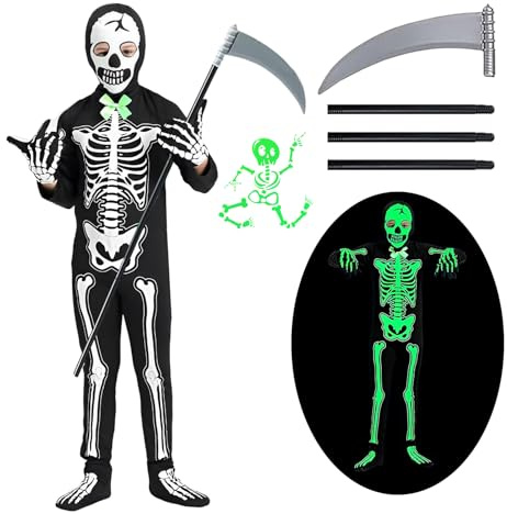 Byhsoep Costume Scheletro Bambino con Falce Della Morte,Vestito Scheletro Bambino Luminoso Grim Reaper,Costume da Scheletro Fosforescente per Gioco di Ruolo Party 8-12 Anni (S（8-10 YRS）)