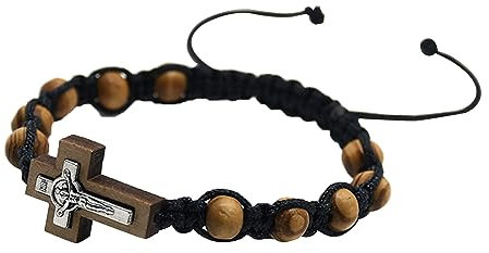 Kodbww Katholische Rosenkranz-Armbänder für Damen und Herren, 8 mm, Holzperlen, geflochtene Armbänder, verstellbares Armband, Schmuck, Taufe, Geschenk, Holz, Holz