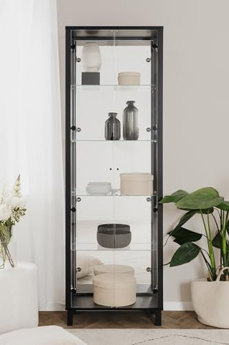 möbelando Glasvitrine >Albi< 2 Türen, Spiegelrückwand, Klar-Glas/Schwarz - 62x189x33cm (BxHxT)