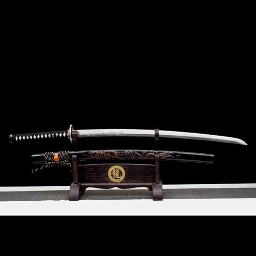 Traditionelles Schmiedeverfahren Katana,Holzscheide mit Handgraviertem Fliegendem Drachenmuster,Musterstahl Klinge,Fein Geschnitzter Handschutz aus Reinem Kupfer,Echtes Samurai-Schwert für Männer