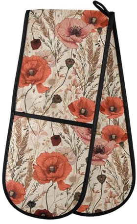 Double Oven Gloves Vintage Red Poppies Heat Resistant Pot Holder Oven Mitt Gloves for BBQ Cooking Baking Grilling Microwave