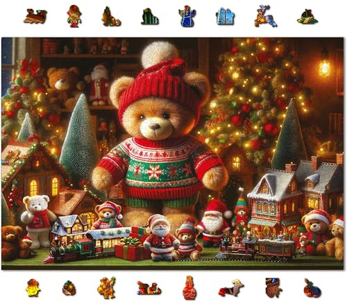 WOODEN.CITY Weihnachtspuzzle aus Holz, 1000 Teile – Weihnachts-Teddybär – mit 100 einzigartigen Feiertagsmotiv-Figurenteilen – hergestellt in der EU – perfekt für Familienspaß und Urlaubsdekoration