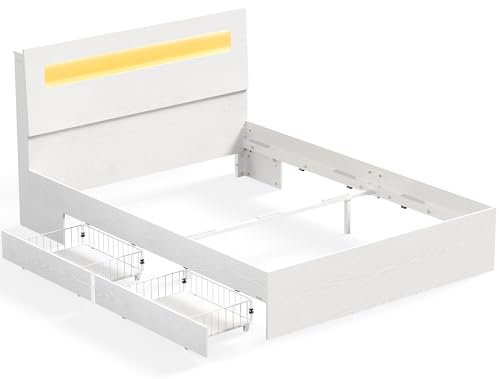 VASAGLE Kailyn Collection - Cadre de Lit avec 2 Tiroirs Coulissants 140 x 190 cm, Lit Double, avec LED, Multiprise, sans Sommier, pour Chambre d’Ado, Chambre d’Amis, Blanc Mat RMB953W01