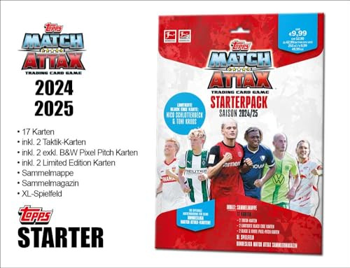 Topps Bundesliga Match Attax 24/25 - Starterpack mit 17 Karten, darunter 2 Taktikkarten, 2 Black & White Pixel Pitch Karten und zwei Limited-Edition-Karten