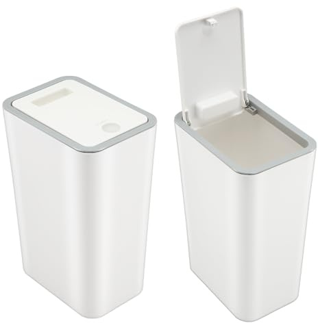 JIVIMOCO 2 Pcs10L Slim Bathroom Bin with Lid,Push Button Kitchen Bin,Plastic Bins for Bedroom,Dog Proof,Trash Can Narrow With Lid,Touch Top Toilet, Plastic Trash Can for Bedroom, Living Room