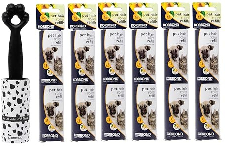 KORBOND Pet Lint Roller & Lint Refill Rolls Set - 429 Sheets - Printed Pet Roller (33) plus 12 Refill Rolls (396) - Dog Hair Remover - Cat Hair Remover