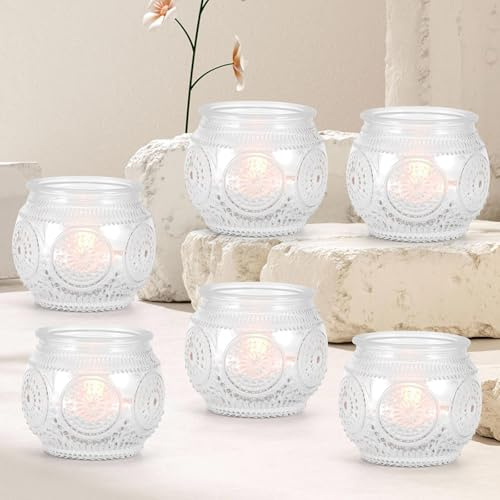 Viitech Lot de 6 photophores en verre - Style rétro transparent - 6,5 x 5,5 cm - Pour table - Décoration de table de mariage - Décoration d'intérieur