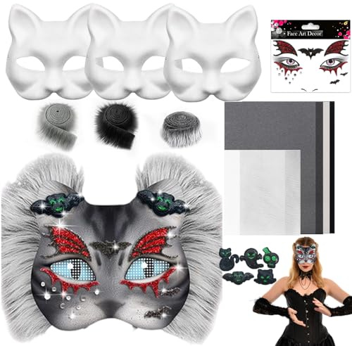 HIULLEN 26 st Therian mask, kattmasker att måla, masker konsthantverkssats med plast päls och ögonnät för halloween, karneval, maskerad, fest cosplay