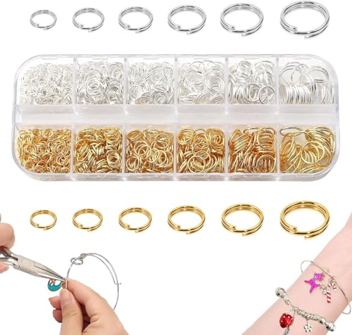 RUISPEED Lot de 370 anneaux fendus en or & argent de 6 tailles (5–16 mm), anneaux métalliques ronds pour créations de bijoux, porte-clés & accessoires pour animaux
