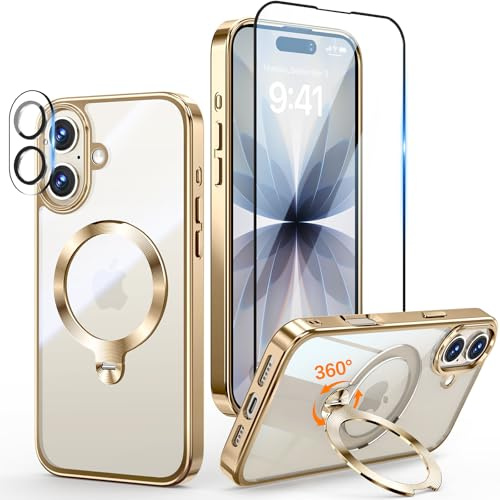 Yoouther 3 en 1 Funda Magnética para iPhone 17 6.3 [360° CD Soporte Invisible para MagSafe] [con Protector Pantalla & Protector Cámara] [Nunca Amarillo] Protección Militar Antigolpes, Oro