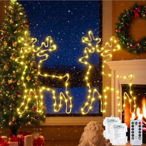 Beleuchtet Rentier Weihnachtsdeko, 2 Stück 120 LED Bunt Fenster Beleuchtung Lichterketten, 8 Modi Mit Timer & Fernbedienung, Weihnachten Deko für Party Garten, Vorhang, Balkon (Warmweißen)