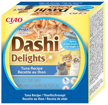 INABA Dashi Delights, Delicati Fiocchi in Brodo per Gatti con Tonno - 6 Coppette x 70 gr - Cibo Umido Complementare con Dashi, Snack per Gatti Ricco di Proteine, Ingredienti Naturali