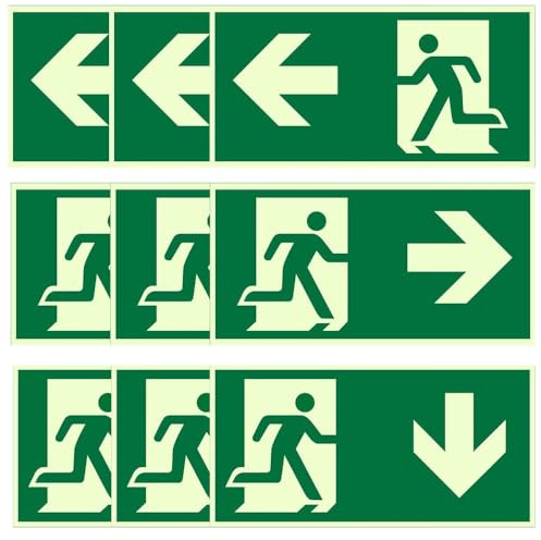 Rakuker 9 piezas Señal Salida Emergencia, 30 X 15cm Cartel Salida de Emergencia Autoadhesivo Luminiscente, con 3 Izquierda, Derecha y Abajo, para Edificios Públicos y Privados