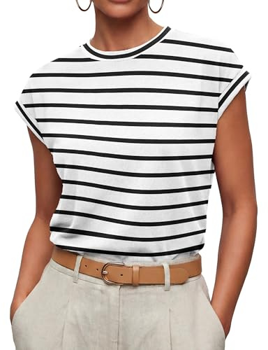 GRECERELLE Camisetas de verano para mujer, manga casquillo, cuello redondo, estilo casual, ligeras, elegantes, básicas
