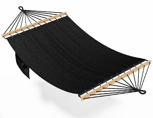Angchiluo Hammock for Outside, Double Hammocks Without Stand, 2 Person, Spreader Wooden Bar, Side Storage, for Outdoor, Indoor, Patio (Black)
