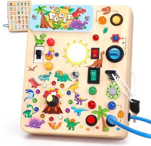 Konijiwa Dinosaur Busy Board Montessori leksak från 1 år | Activity Board träleksak med 10 brytare och 23 LED-lampor | sensorisk pedagogisk leksak för 1–3 år pojkar