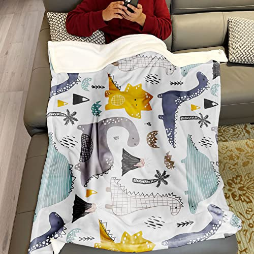 Violetpos Dick Decke Weich Wärme Gemütlich Flanell Fleece Sofadecke Karikatur Hand Gezeichnet Dinosaurier Vulkan Palme Blau 125 x 200 cm