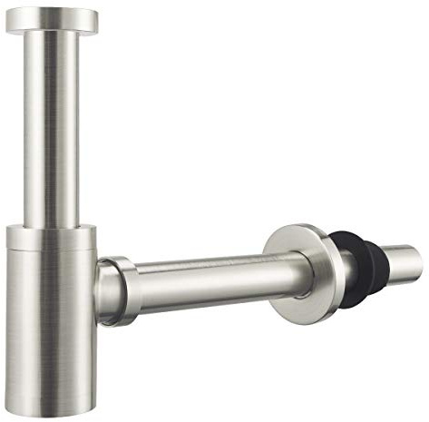 Siphon à bouteille en laiton avec tube d'extension extra long de 20 cm, siphon rond décoratif en P 1 1/4, siphon d'évacuation pour salle de bain, lavabo, vasque, nickel brossé