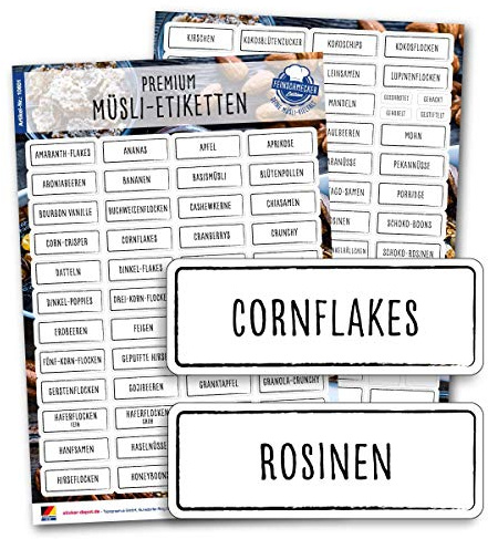 105 Müsli Aufkleber - eckig - schwarz/weiß - Haushaltsetiketten zum Beschriften von Vorratsdosen, Vorratsgläser, Dosen und Schütten (schwarz/weiß)