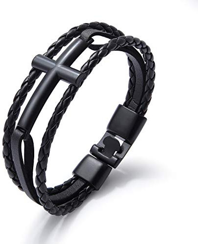 Beydodo Armband Leder Herren Schwarz, Partnerarmbänder Leder Kreuz Lederarmband Herren Jungen 21CM