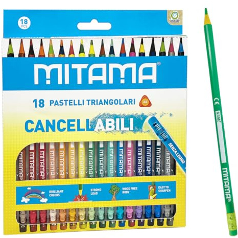 MITAMA Pastelli Cancellabili - Confezione da 18 pastelli - Mina 3.0 mm - Pastelli Colorati - Colori Scuola