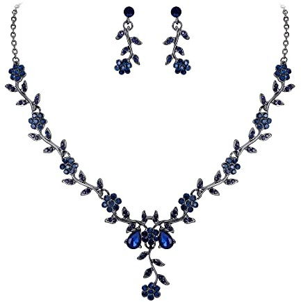 Clearine Set di Gioielli da Donna per Il Matrimonio Foglia Cluster Fiore Cristalli Ciondolo Collana Orecchini Pendenti per Sposa Zaffiro Colore Nero-Fondo