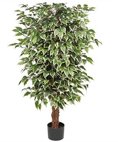 Künstliche Pflanzen Groß Kunstpflanze Benjamini Ficus künstlich Kunstbaum Zimmerpflanze Deko mit Echtholzstamm für Büro Deco Schlafzimmer Esszimmer drinnen Deko draußen 123 cm