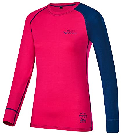 Black Crevice Maglia a Maniche Lunghe da Donna in Lana Merino Canottiera, Rosa/Blu Acciaio, 48