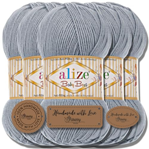 Hobby YARN 3x Etikettenlabel mit Alize Baby Best Wolle Premium 5x100g als Set | Antipilling Babywolle Acryl Uni & Batik Strickgarn zum Häkeln und Stricken (Gris plateado | 119)
