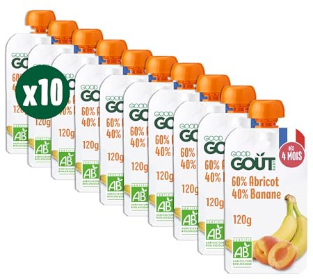 GOOD GOÛT - Gourdes Abricot Banane - Purée Bébé - Dès 4 Mois - 60 % Abricot, 40 % Banane - Sans Sucres Ajoutés - Fabriqué En France - 10x120g