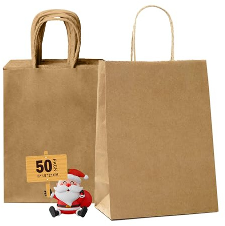 GIFTSAY 50stk Papiertüten mit Henkel Klein Braun 15X8X21cm, Geschenktüten für Hochzeitsfeier, Einkaufstüten, Einzelhandelswarentüten und Geburtstags