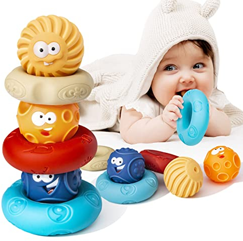 ONLYFUN 6 pièces Jouets à empiler bébé 6 Mois, Tour d'empilement Jouet Montessori 1 an et Plus, Briques sonores Anneaux à empiler bébé garçon et Fille éveil 0-12 Mois