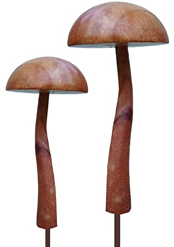 ART-CRAFT 2 Champinion Gartenstecker Deko Pilze aus Holz von Hand geschnitzt 15 cm und 22 cm hoch